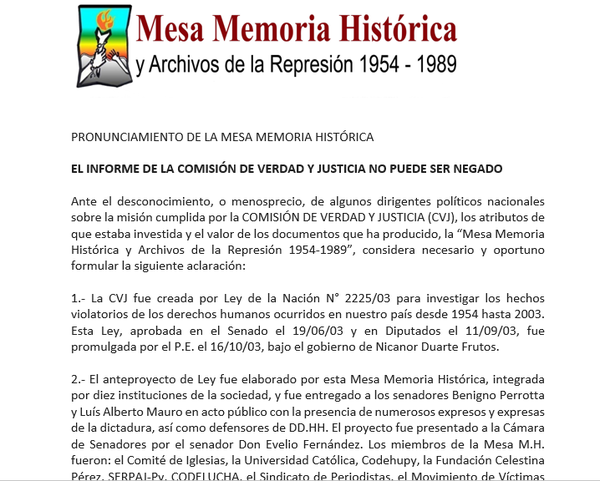 Mesa Memoria Histórica se pronuncia sobre situación de tierras - Nacionales - ABC Color