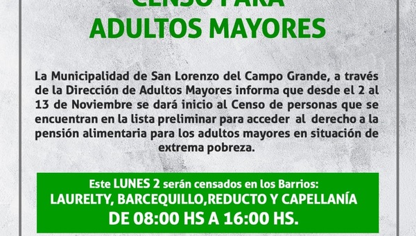 Hoy se inicia el censo de adultos mayores para pensión alimentaria