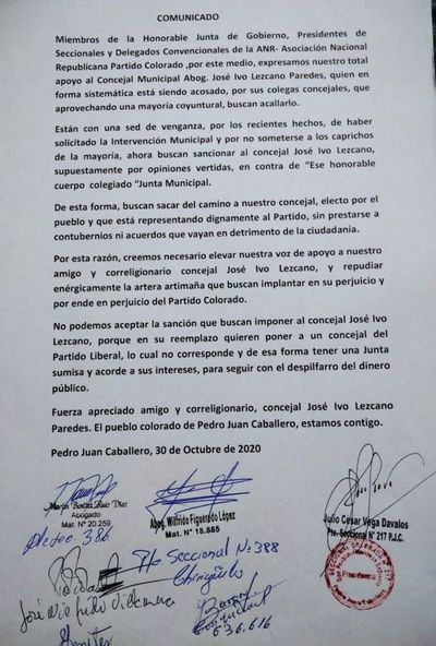 Colorados de Amambay brindan total respaldo al Concejal Ivo Lezcano; “no permitirán que le ‘suspendan’ por cuestionar irregularidades”