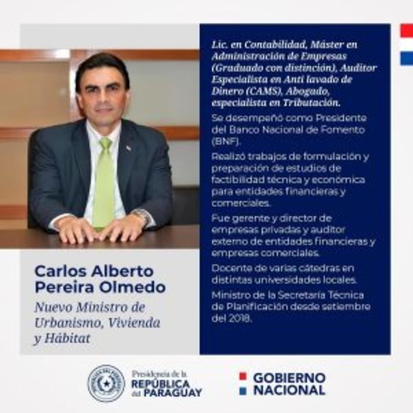 Ejecutivo oficializa designación de Carlos Pereira como nuevo ministro de Urbanismo y Vivienda - ADN Paraguayo