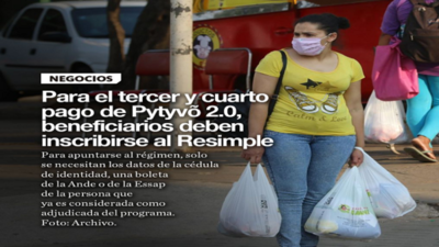 Para el tercer y cuarto pago de Pytyvõ 2.0, beneficiarios deben inscribirse al Resimple