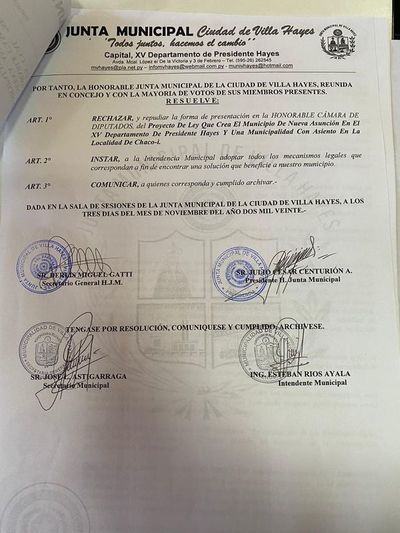 Comuna de Villa Hayes repudia creación de “Nueva Asunción” - Nacionales - ABC Color