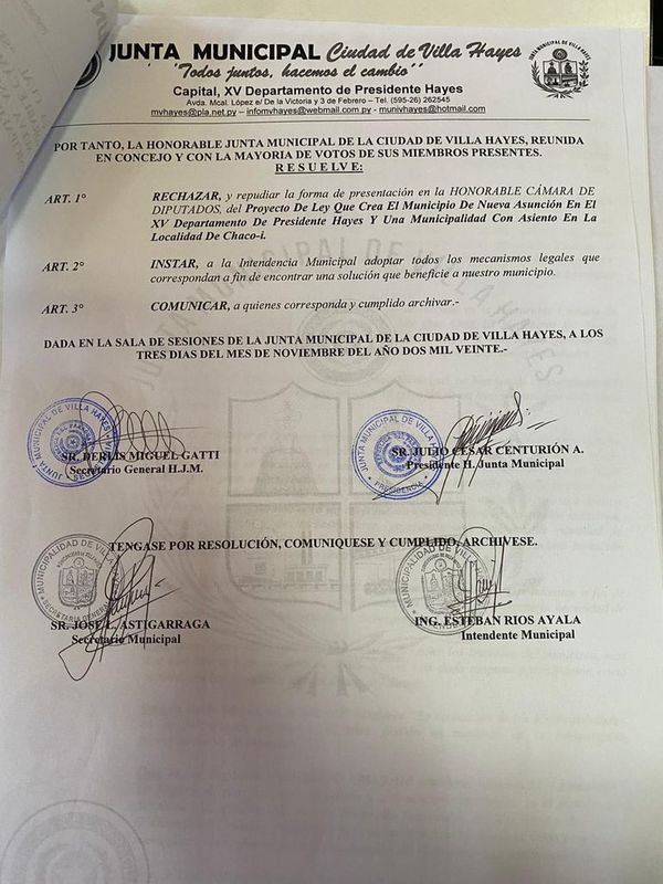 Comuna de Villa Hayes repudia creación de “Nueva Asunción” - Nacionales - ABC Color