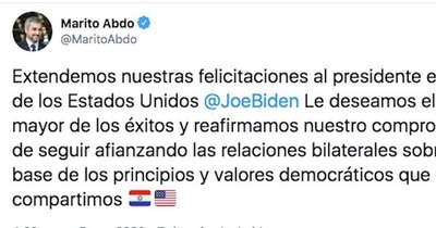 La Nación / Felicitó a Biden por alzarse con las elecciones