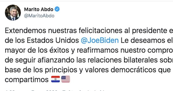La Nación / Felicitó a Biden por alzarse con las elecciones