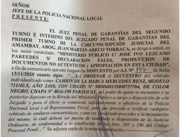 Juzgado ordena incautación de camión del que se habría apropiado dolosamente el abogado Ivo Lezcano