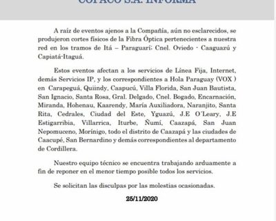 Usuarios de COPACO sin servicio por “evento desconocido”