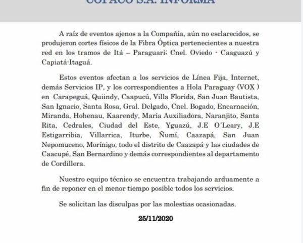 Usuarios de COPACO sin servicio por “evento desconocido”