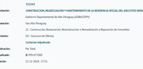 Adjudican millonaria obra a una pizzería en Alto Paraguay