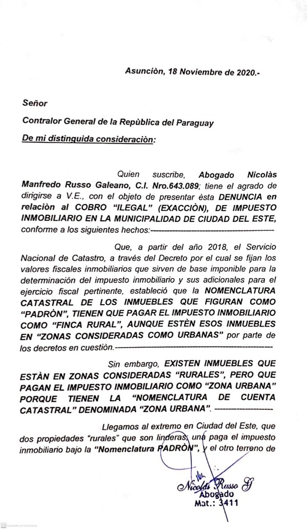 Denuncian ante la Contraloría cobro ilegal de Impuesto Inmobiliario en comuna de CDE