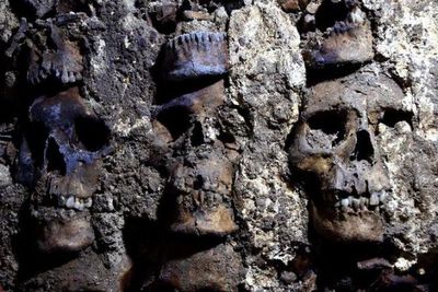 Arqueólogos mexicanos descubren fachada de torre azteca de cráneos humanos