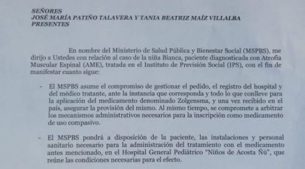 Salud se compromete a gestionar el medicamento y tratamiento de Bianca