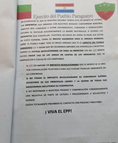 Detienen a supuesto “miembro del EPP” por extorsiones con “impuesto revolucionario”