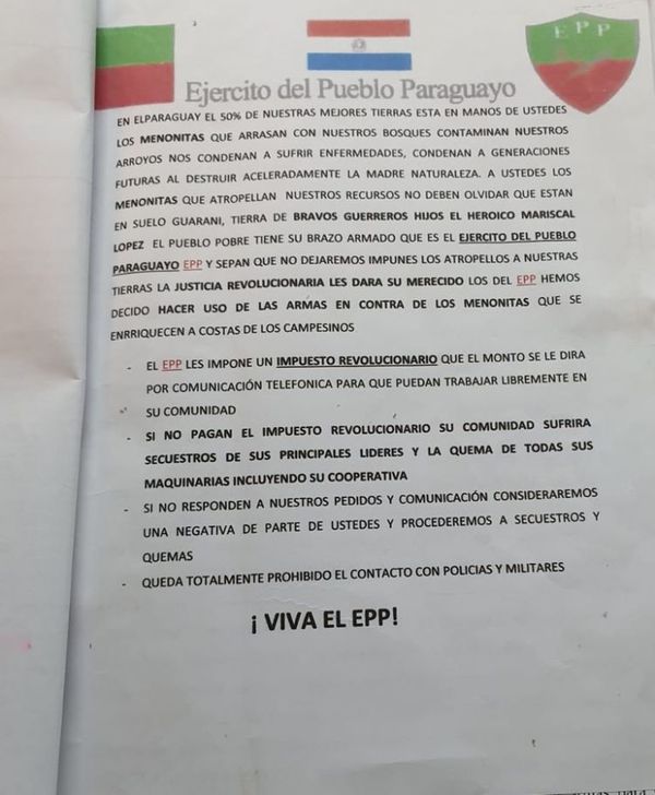 Detienen a supuesto “miembro del EPP” por extorsiones con “impuesto revolucionario”