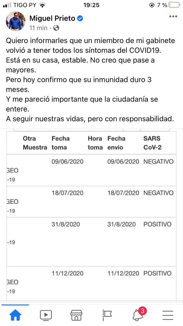 Prieto advierte sobre posible caso de reinfección de Covid- 19 en su gabinete