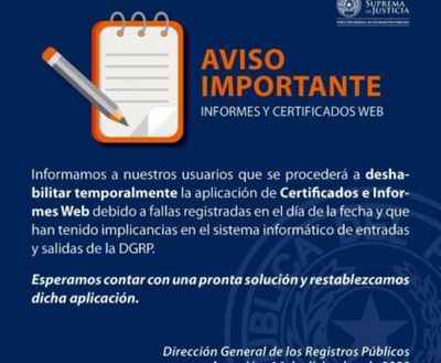 Registros Públicos deshabilita temporalmente certificados e informes vía web - Nacionales - ABC Color