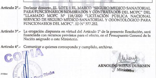 El MOPC cancela licitación de seguro médico “vip”, pero hará otro llamado - Nacionales - ABC Color