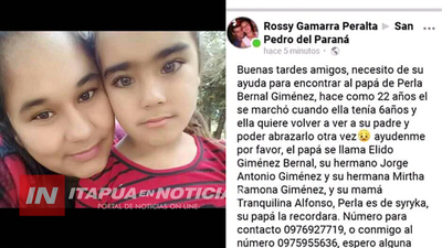 TRAS 22 AÑOS, PERLA BERNAL DE SYRYKA-CAAGUAZÚ BUSCA A SU PADRE EN ENCARNACIÓN