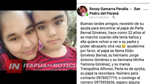TRAS 22 AÑOS, PERLA BERNAL DE SYRYKA-CAAGUAZÚ BUSCA A SU PADRE EN ENCARNACIÓN