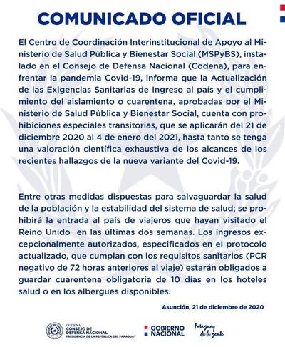 Prohíben entrada al país de personas que estuvieron en el Reino Unido en las últimas dos semanas - ADN Digital