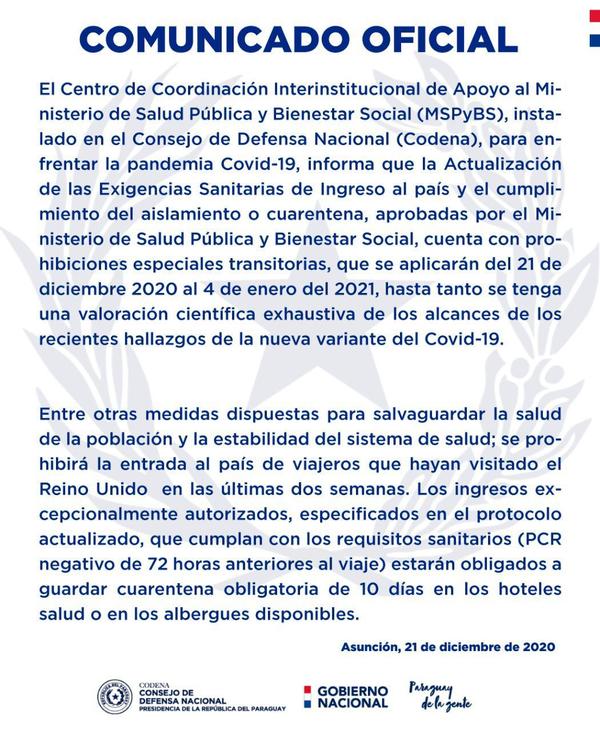 Prohíben entrada al país de personas que estuvieron en el Reino Unido en las últimas dos semanas - ADN Digital
