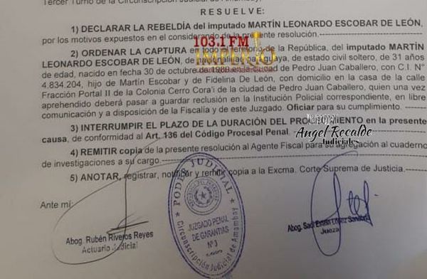 Jueza ordena captura de concejal municipal de Pedro Juan Caballero.