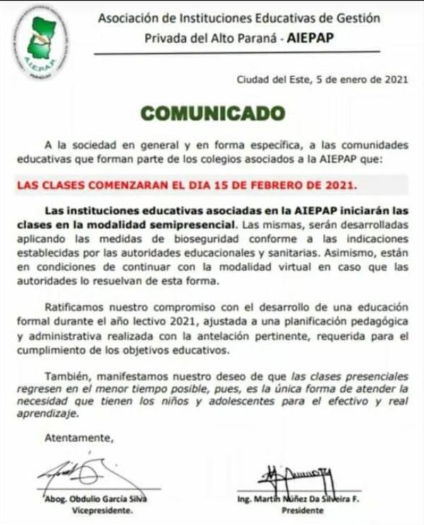 Clases en sector privado en Alto Paraná se iniciarán el 15 de febrero, aseguran
