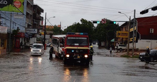 La Nación / Bus perdió el control en medio del raudal y fue a parar en el paseo central de una avenida