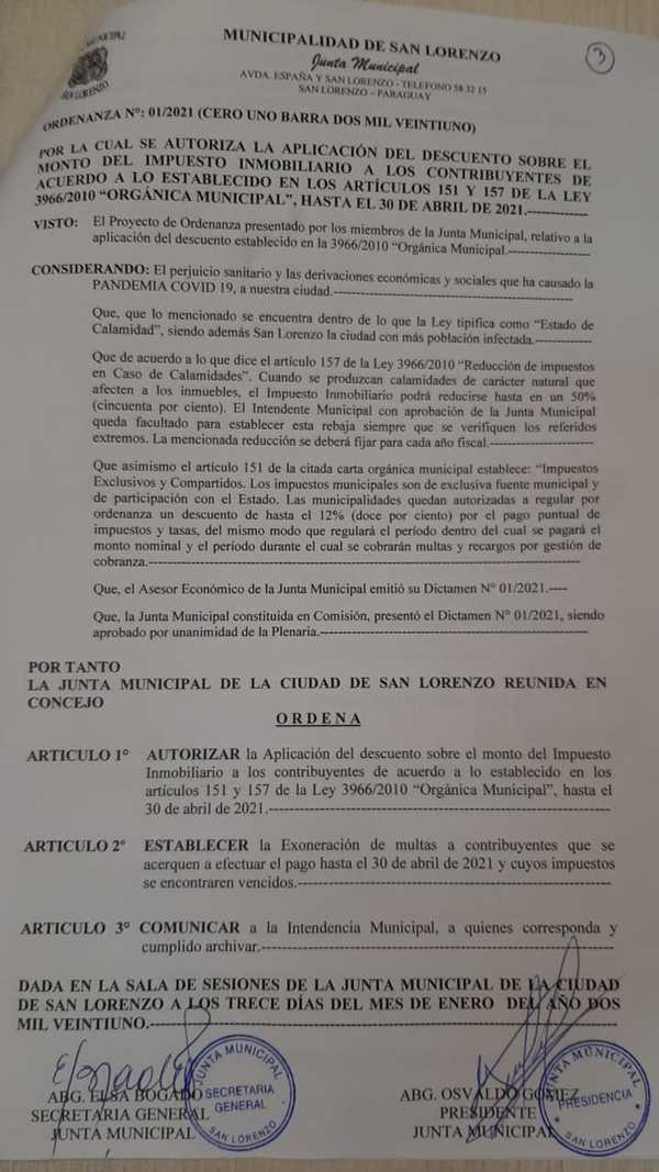 Promulgaron ordenanza de descuento de impuesto inmobiliario y de exoneración de multas al impuesto de la construcción » San Lorenzo PY