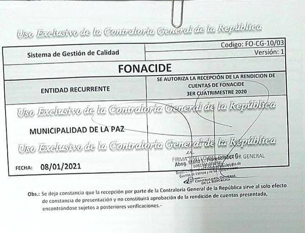 MUNICIPALIDAD DE LA PAZ AL DÍA CON RENDICIÓN ANTE LA CONTRALORÍA.