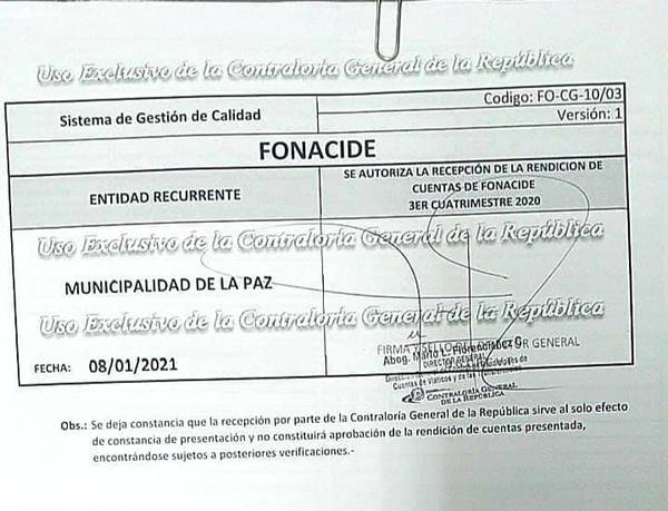 MUNICIPALIDAD DE LA PAZ AL DÍA CON  RENDICIÓN ANTE LA CONTRALORÍA.