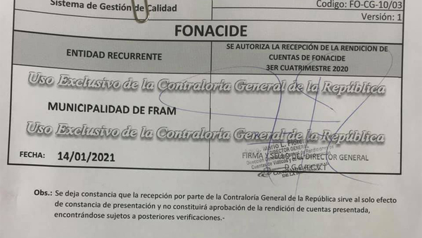 MUNICIPALIDAD DE FRAM AL DÍA CON RENDICIÓN DE CUENTAS ANTE CONTRALORÍA