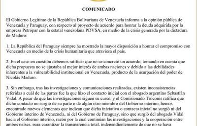 Gobierno legítimo venezolano emite comunicado sobre la deuda Petropar con PDVSA