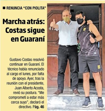 Marcha atrás: Costas sigue en Guaraní - Fútbol - ABC Color