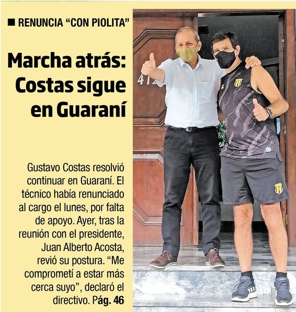 Marcha atrás: Costas sigue en Guaraní - Fútbol - ABC Color