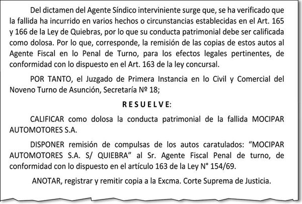 Jueza califica como dolosa quiebra de una de las empresas de Mocipar - Nacionales - ABC Color
