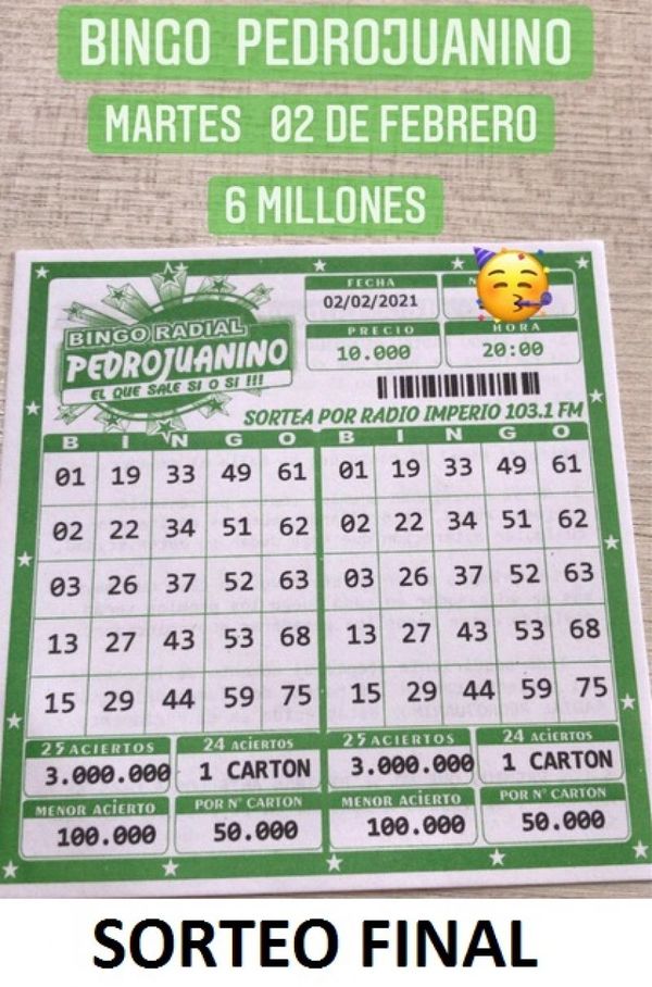 Bingo Radial Pedrojuanino anuncia su último sorteo para hoy martes 2 de febrero