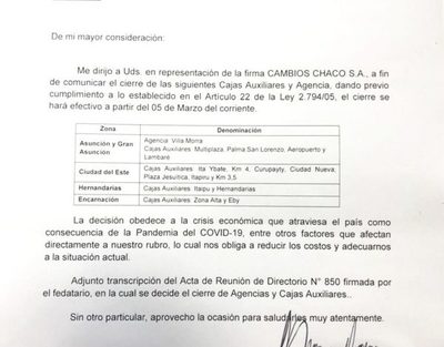 Cambios Chaco estableció el 5 de marzo como fecha de cierre de 17 agencias