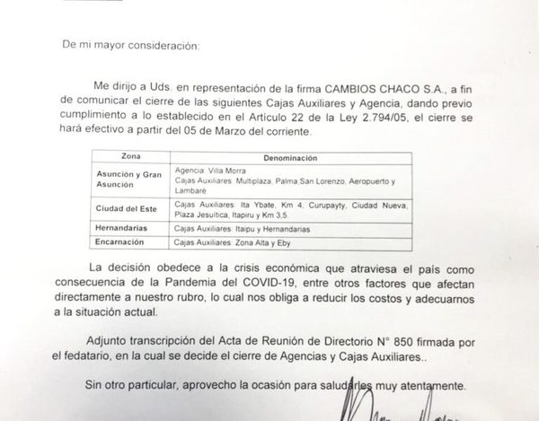 Cambios Chaco estableció el 5 de marzo como fecha de cierre de 17 agencias