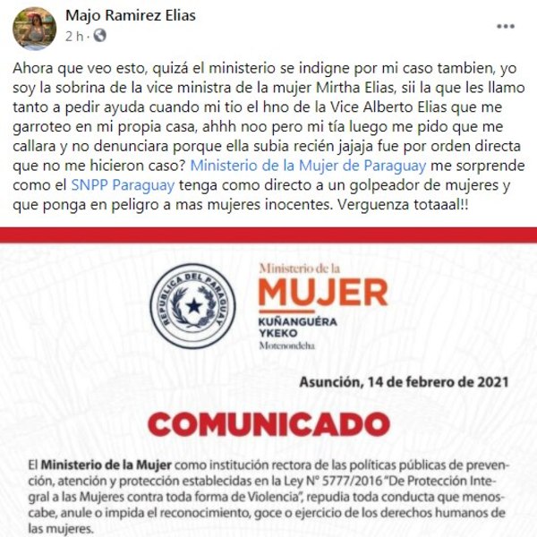 Sobrina de viceministra de la Mujer cuestiona selectivad en indignación y la acusa de haber desestimado denuncia de violencia - Nacionales - ABC Color