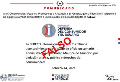 SEDECO desmiente supuesto sumario a local gastronómico donde fue 'escrachado' Villamayor