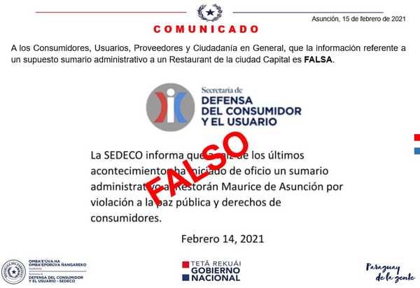 SEDECO desmiente supuesto sumario a local gastronómico donde fue 'escrachado' Villamayor