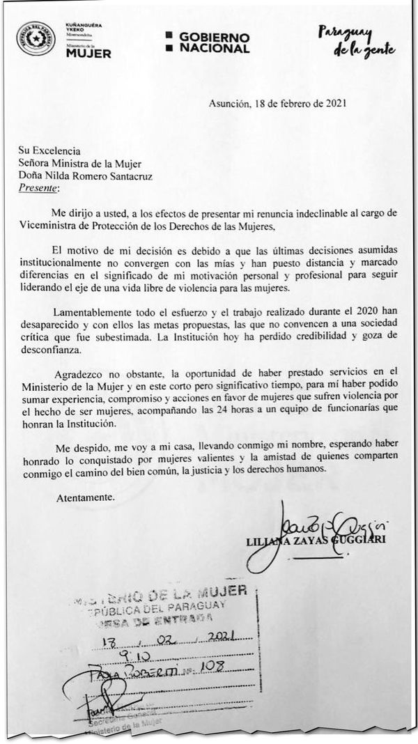 Vice de la Mujer renuncia por apoyo de su jefa a Villamayor - Nacionales - ABC Color