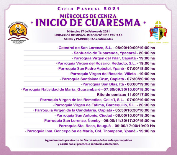Horario de imposición de cenizas en Parroquias de Diócesis de San Lorenzo » San Lorenzo PY