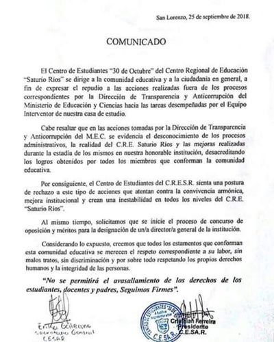 CRESR: Estudiantes piden concurso para nombrar director/a general » San Lorenzo PY