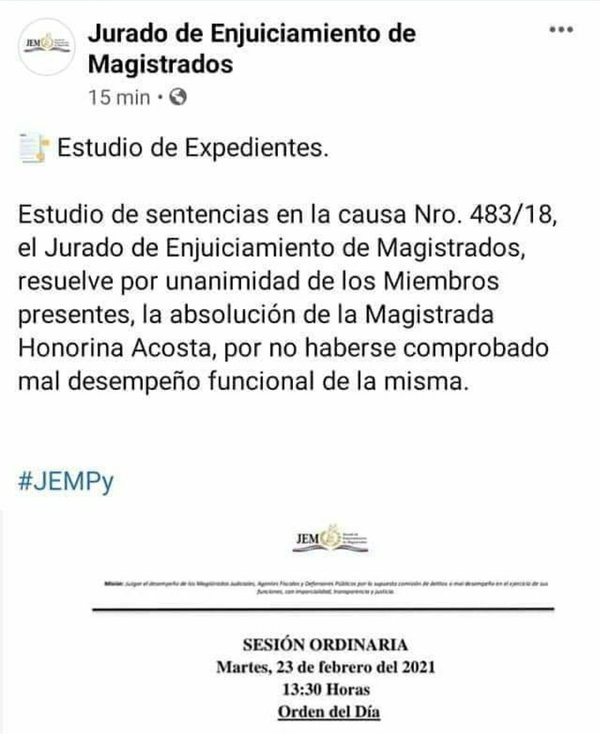 JEM absuelve a la magistrada Honorina Acosta