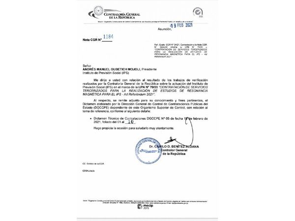 CGR recomienda suspender llamado tercerizado en IPS