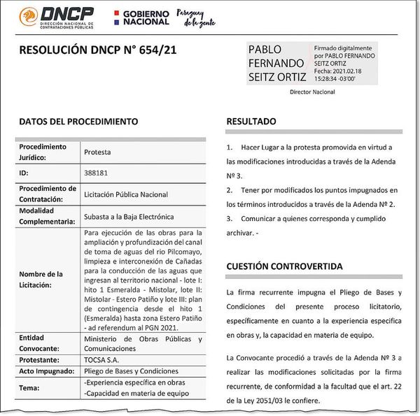 El MOPC se vio obligado a cambiar pliego de otra licitación “a medida” - Nacionales - ABC Color