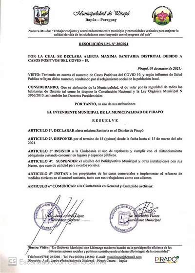 Municipalidad de Pirapó declara alerta máxima sanitaria por 15 días - ADN Digital
