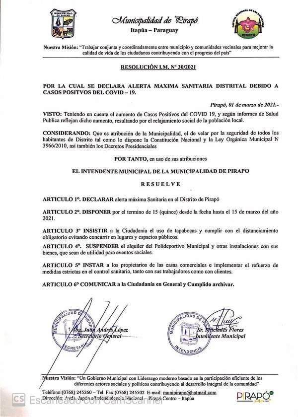 Municipalidad de Pirapó declara alerta máxima sanitaria por 15 días - ADN Digital